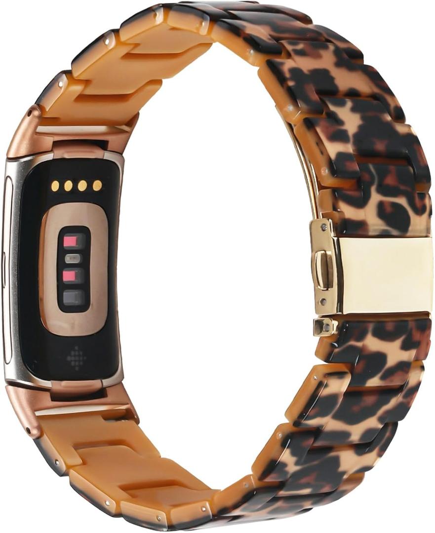 Resin Band Compatible with Fitbit Charge 6/ Fitbit Charge 5, Waterproof & Lightweight Bracelet Wristband Replacement with Stainless Steel Buckle, Fashion Strap for Fitness Tracker Women (Leopard Print)