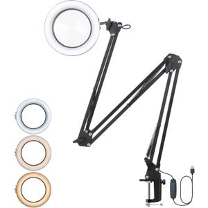 Magnifying Glass with Light, 43in Arm Length Magnifying Desk Lamp, 3 Color Modes & 10 Brightness Dimmable, Adjustable Swing Arm LED Lighted Magnifier with Clamp Real Glass Lens (43inch, Black)