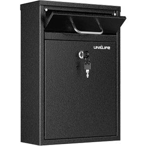 Uniclife Wall Mount Mailbox for Outside, Anti-Theft Heavy Duty Locking Mailbox, Large Mailbox with Key Lock, Security Mail Box, Safe Key Drop Box, Post Box, Steel Cash Drop Box for Home Office, Black