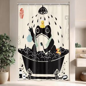 LGhtyro Funny Frog Shower Curtain Bathroom Set 48Wx71H Inches Cute Retro Animal Taking Shower Rubber Duck Asian Style Traditional Japanese Bath Accessories Frog Art Home Decor Fabric 8 Pack Hooks