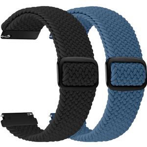 2 Pack Quick Release Braided Bands - 18mm 19mm 20mm 22mm 24mm Solo Loop Adjustable Soft Band for Women Men (Black+Cold Sea Blue)
