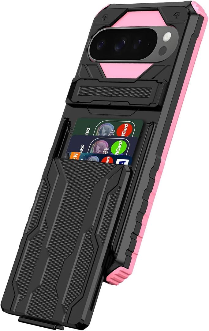 for Google Pixel 9 Pro XL & Pixel 10 Pro XL Wallet Case with Credit Card Holder Stand Kickstand Slim Rugged Shockproof Heavy Duty Defender Armor Military Grade Protective Phone Case - Pink