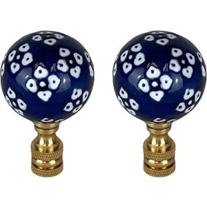 Royal Designs, Inc. Blue/White Porcelain Ball Ornament Design Finial for Lamp Shade, Polished Brass, Pack of 2
