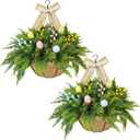 Set of 2 Easter Artificial Hanging Plant Flower Baskets, Fake Planter Hanging with 24 Pcs Cypress Leaves, Faux Ferns with Easter Eggs & Berries for Outdoor Spring Decor Porch, Garden, Patio