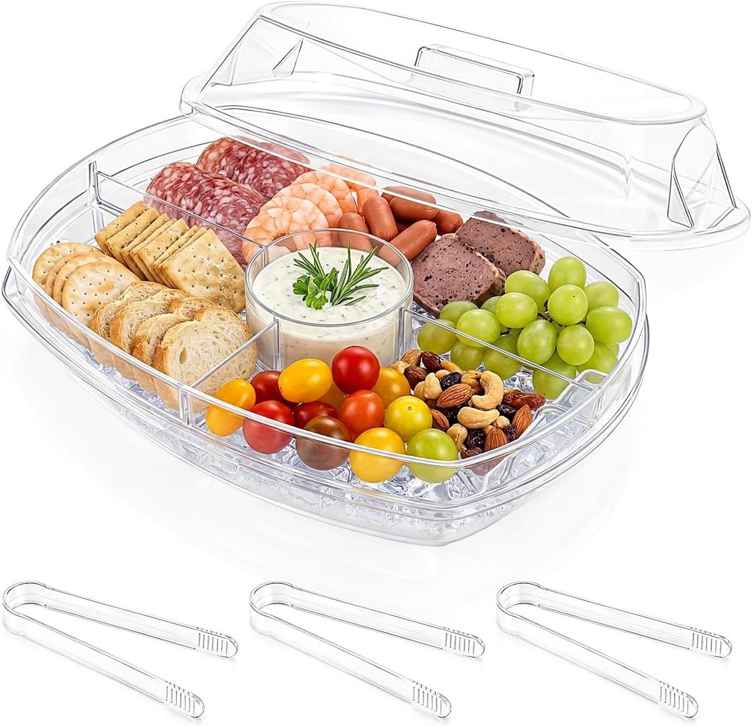 DEAYOU Ice Serving Tray for Party Food, Chilled Serving Platter Dish with 4 Compartments, 15" Divided Serving Bowl with Lid for Appetizers, Fruits, Vegetables, Salads, Shrimp Cocktail