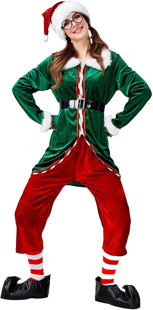 GRAJTCIN Unisex Christmas Elf Costume Adult 6 Pieces Velvet Santa's Helper Holiday Cosplay Outfit (Green)