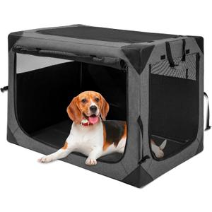 Hiaksedt Dog Crates - 36 Inch Collapsible Soft Dog Crate, 3-Door Foldable Soft Kennel for Large Dogs, Portable Pet Travel Cage with Chew Proof Mesh Window for Indoors & Outdoors Dark Gray