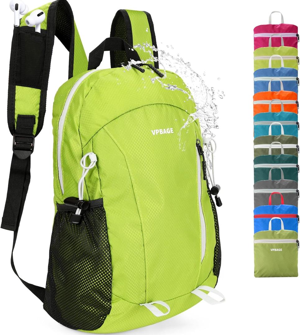 15L Water-resistant Hiking Daypack, Small Backpack Travel Outdoor, Lightweight Day Pack with Tool Loops (Luminous Green)