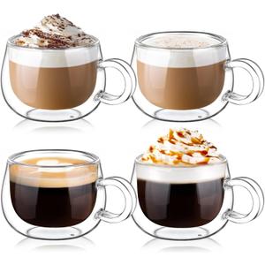 glastal Espresso Cup Set of 4, 4 Oz (full capacity) Double Wall Glasses Espresso Coffee Glass Cups, Small Coffee Glasses Tea Cups with Handle for Iced Americano, Macchiato, Birthday for Mum Dad
