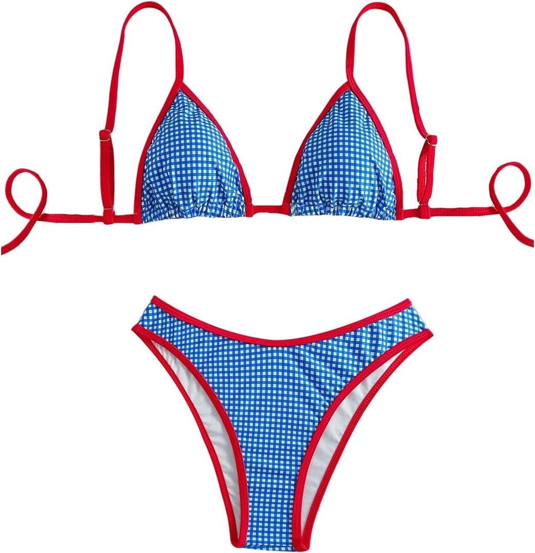 SOLY HUX Bikini Sets for Women Plaid Gingham Bathing Suit Triangle High Cut Two Piece Swimsuit, Large, Blue Plaid