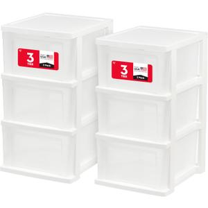 IRIS USA Plastic Drawer Storage Organizer, 3-Drawers, 2-Pack, for Classroom Art Craft Supplies, Bathroom Bedroom, Laundry Room, White/Clear