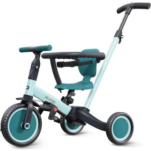 Newyoo TR008 Toddler Push Tricycle, Toddler Bike for 1-3 Years Olds, Birthday Gift for Boys and Girls, 5 in 1 Balance Bike with Handle, Kids Trike with Safe Bar, Green