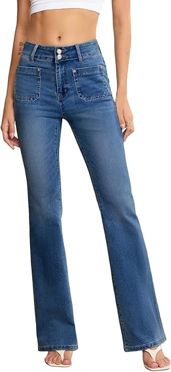 Sidefeel Women's Flare Jeans High Waisted Wide Leg Stretchy Bell Bottom Front Pockets Denim Pants, Size: XS