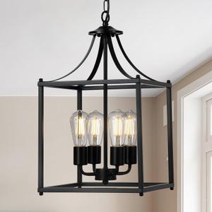 4-Light Black Chandelier Light Fixture, Modern Farmhouse Pendant Lights Kitchen Island, Industrial Iron Lantern Cage Chandelier Ceiling Hanging Lights for Kitchen Dining Room Entryway, E26 Socket 4-Light Black Chandelier Light Fixture, Modern Farmhouse Pendant Lights Kitchen Island, Industrial Iron Lantern Cage Chandelier Ceiling Hanging Lights for Kitchen Dining Room Entryway, E26 Socket