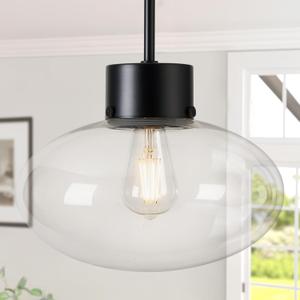 Large Globe Glass Pendant Lights, 12" Modern Black Pendant Lights Kitchen Island with Clear Glass and Rods, Farmhouse Hanging Lighting for Kitchen Dining Room Entryway, OS-JJ1513-1PLBK