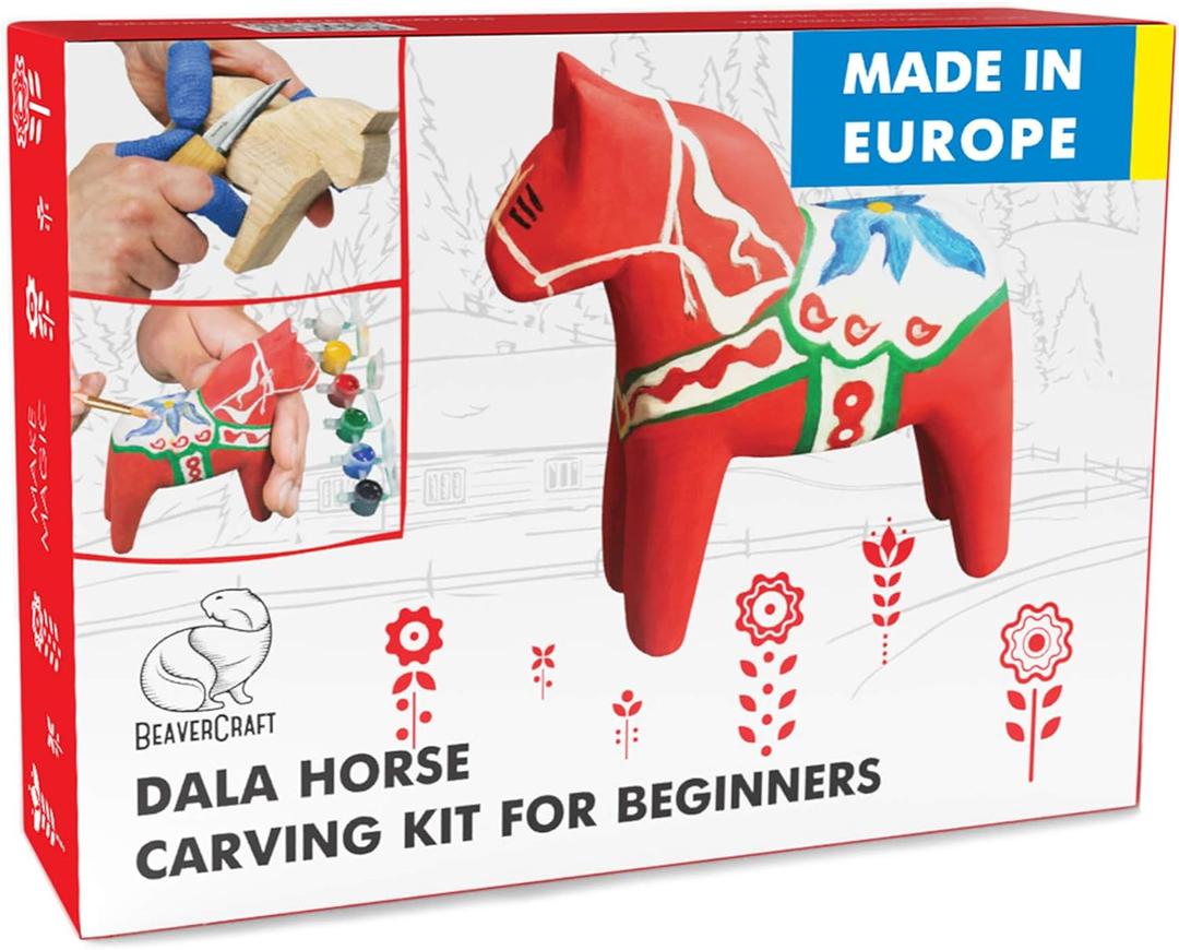 BeaverCraft Wood Carving Kit with Whittling Knife & Basswood - Whittling Set DIY 02 Dala Horse - Hobbies for Adults and Teens - Wood Carving Tools - Hobby Gifts