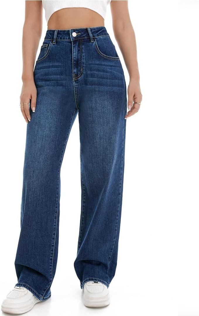 Women's Wide Leg Jeans High Waisted Baggy Straight Leg Loose Stretchy Casual Denim Pants (M)