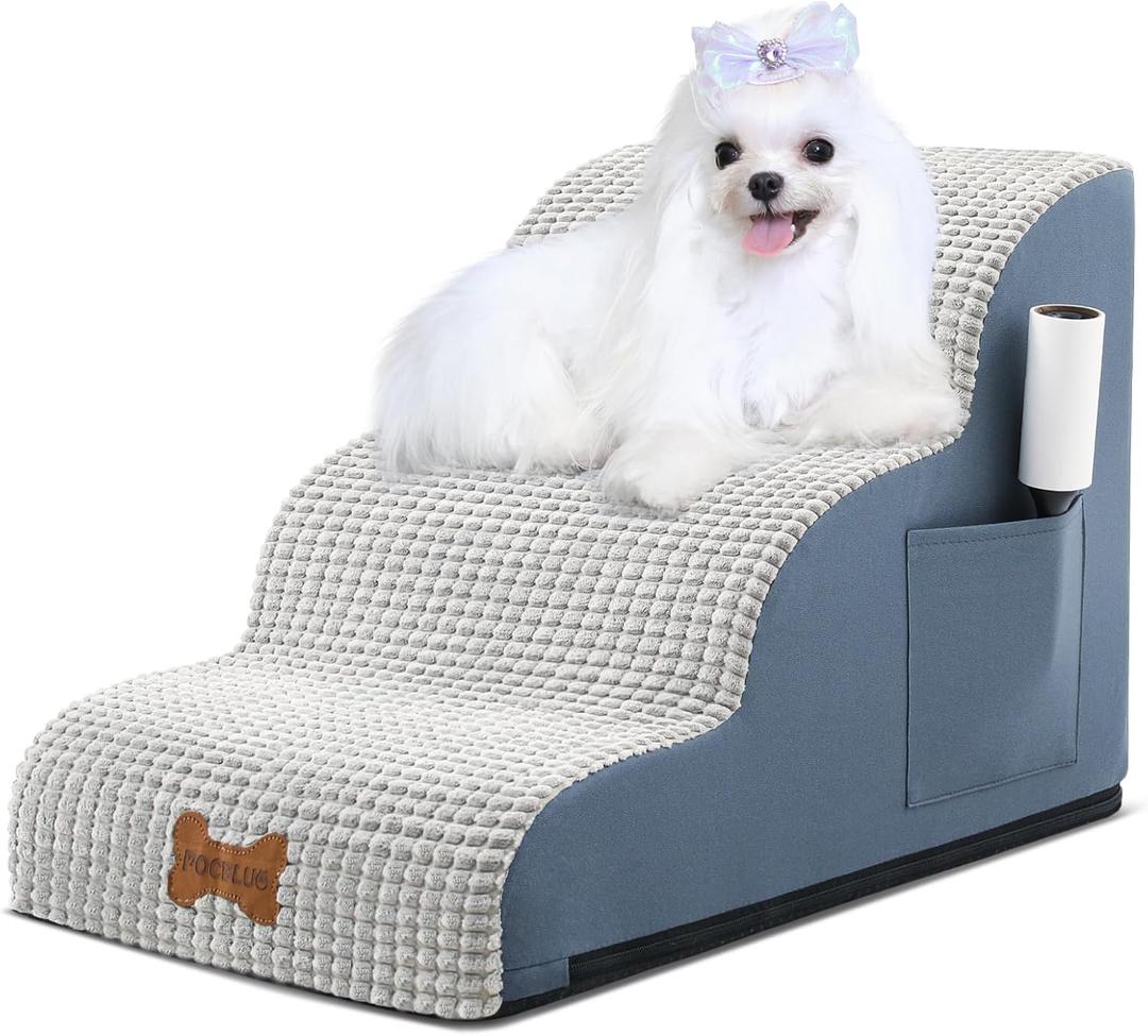 POCBLUE Dog Stairs for Small Dogs 15.7" H, 3-Step Wide Pet Step for High Bed or Couch, Curved Pet Ramps for Cats with High-Density Foam and Washable Cover, Grey (15.7x22.8x15.7in)
