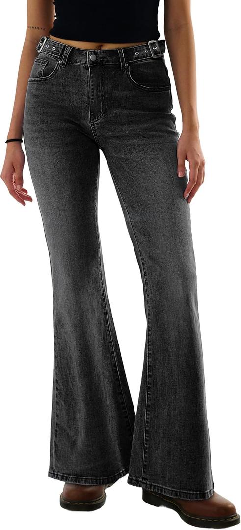 EMMIOL Women's Flare Jeans High Waist Stretch Bootcut Denim Pants (Black)
