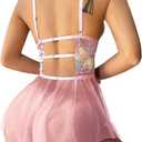 Lilosy Sexy Bows Floral Lace Mesh Babydoll Lingerie Romper (Pink, S)