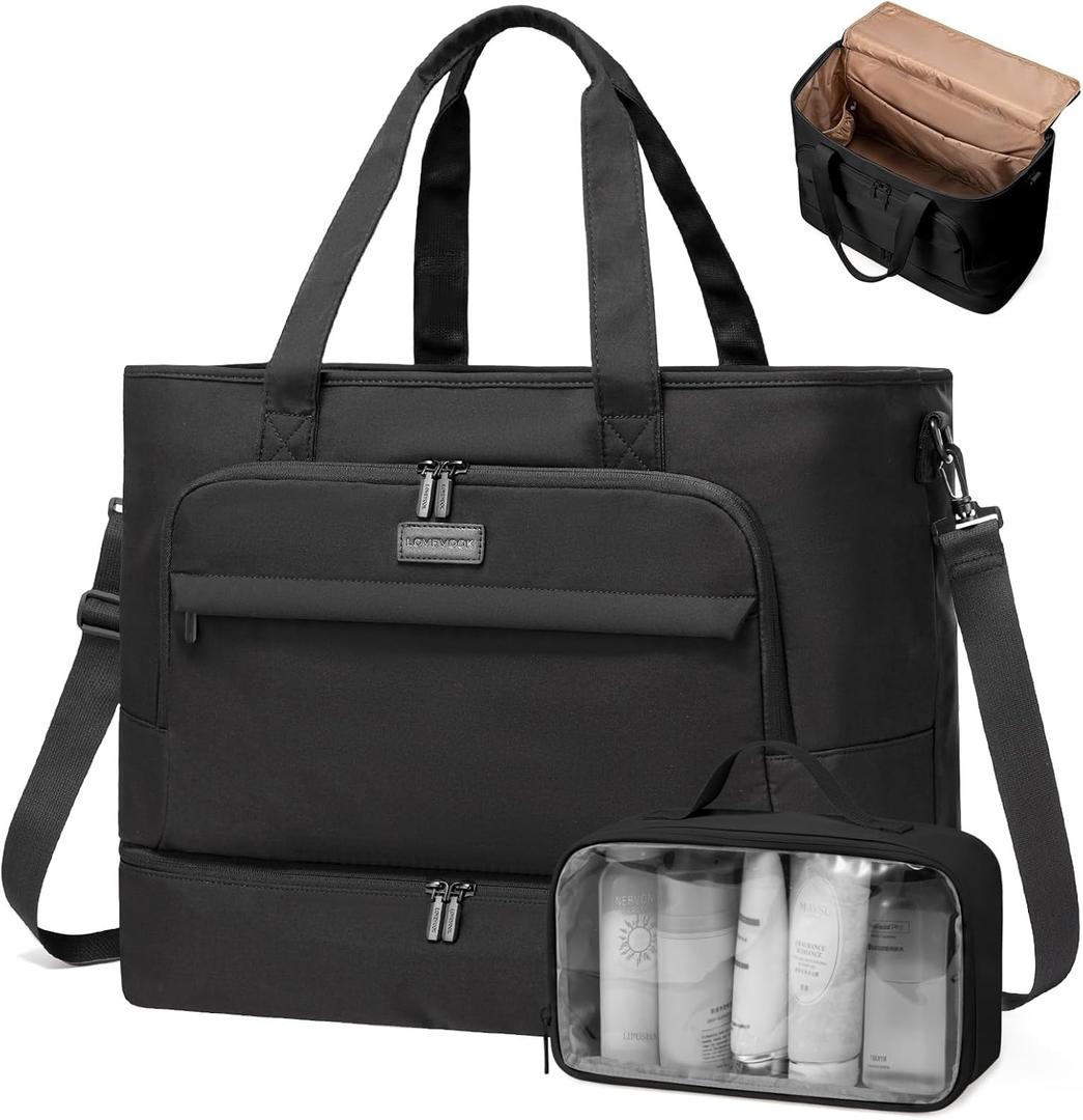 LOVEVOOK Weekender Bags for Women Travel, Large Personal Item Travel Overnight Bag, Carry on Duffle Bags with Shoe Compartment, Toiletry Bag, Wet Pocket, for Airplane, Hospital Labor Delivery (45L, Black)