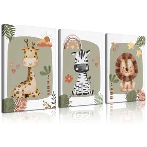 SUAXTCCR 3Pcs Boho Nursery Canvas Wall Art Jungle Safari Animals Wall Decor Pictures Kids Room Giraffe Lion Zebra Prints for Baby Boy Girl Children's Room Bedroom Decoration, 16x24 inch