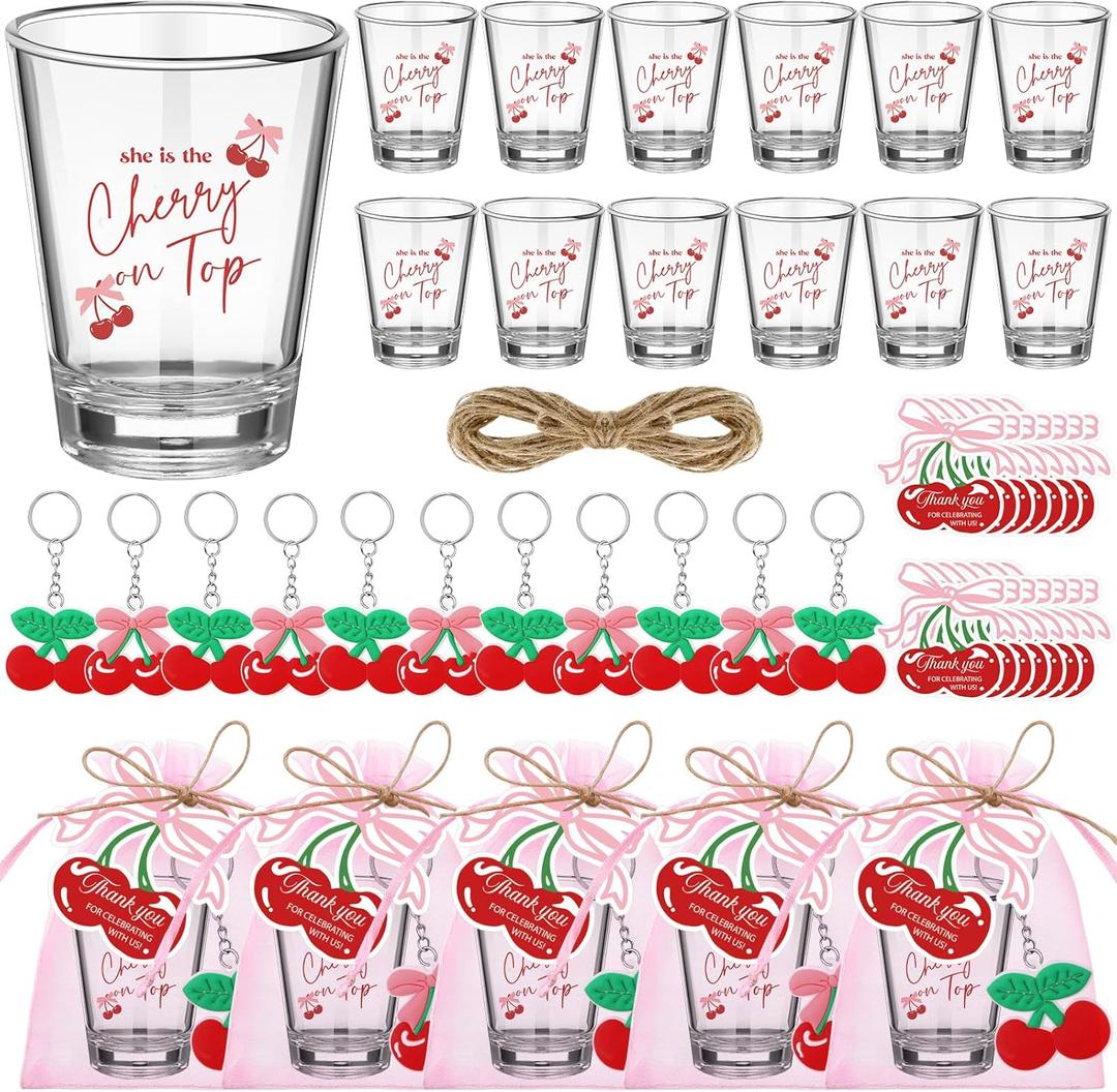Roshtia 36 Set Cherry Bow Baby Shower Favors for Guests Clear Acrylic Shot Glasses Thank You Tags Keychains Organza Bags Supplies for Girl Gender Reveal Favor