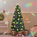 Juegoal 6ft Pre-Lit Artificial Christmas Tree, Lighted Optical Fiber Xmas Trees with Warm White Large Stars & Color Changing Optical Fiber Lights, Party Home Holiday Green Fake Tree with Metal Legs