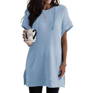 DOKOTOO Oversized Tshirts for Women Waffle Short Sleeve Shirts Drawstring Hoodies Waffle Knit Tops Side Slit Top with Pockets S