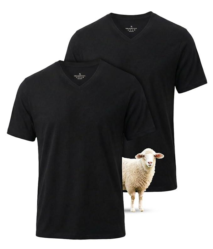 SUNCHIRI 2 Pack Merino Wool T Shirts for Men, Merino Wool V-Neck 100% Wool Base Layer, Breathable Undershirt for Travel, Fitness(Black, XXL)