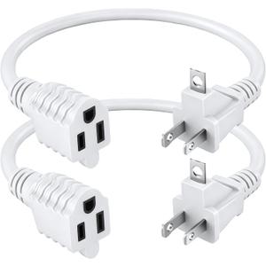 Dreyoo 2 Prong to 3 Prong Adapter with Extension Cord, Polarized Grounding Outlet Adapter, Fireproof 16AWG Wall Outlet Plug for Home Office RV Household Appliances Industrial (1ft,White,2 Pack)