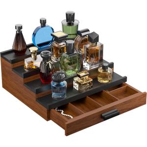 Perfume Cologne Organizer for Men: 4 Tier Wooden Perfumes Stand, Desktop Parfum Holder Wood Display Shelf with Cabinet, Bedroom Dresser Makeup Lotion Jewelry Storage Rack with Drawer