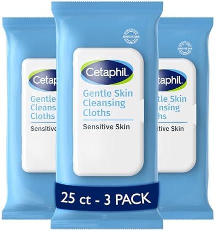 Cetaphil Face and Body Wipes, Gentle Skin Cleansing Cloths, 25 Count , for Dry, Sensitive Skin, Flip Top Closure, Great for the Gym, Travel, in the Car, Hypoallergenic, Fragrance Free 3 Piece