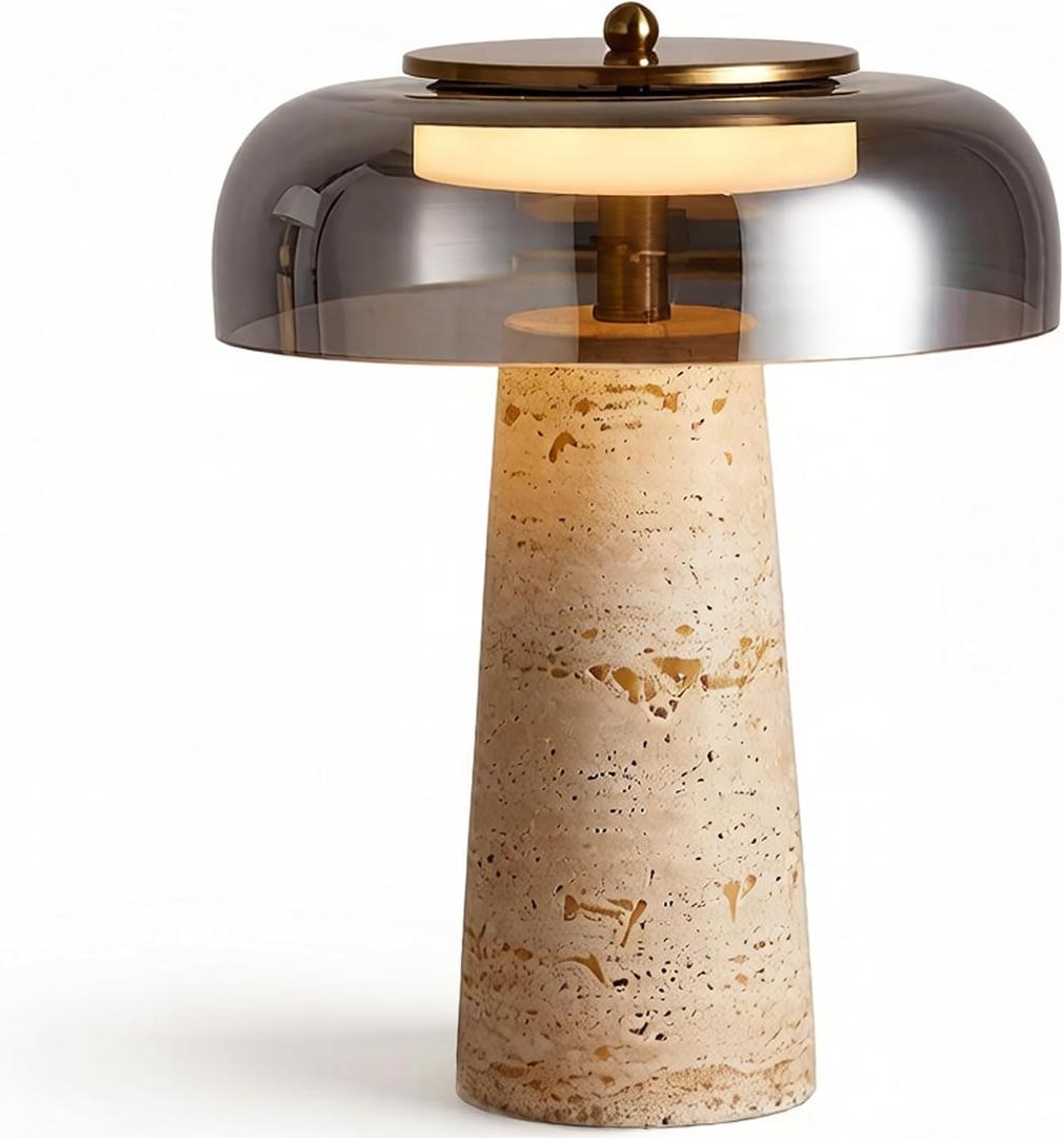 Travertine Lamp, Natural Stone Table Lamps with Glass Shade, 12W Mushroom Bedside Nightstand Light Decor for Bedroom Living Room Office Console Side Entryway Counter Gifts (Smoked Glass+Travertine)