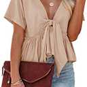Fanway&EC Women's Short Sleeve V Neck Blouses Ruffle Hem Tie Front Crop Tops Lightweight Basic Summer Tops, Size XL
