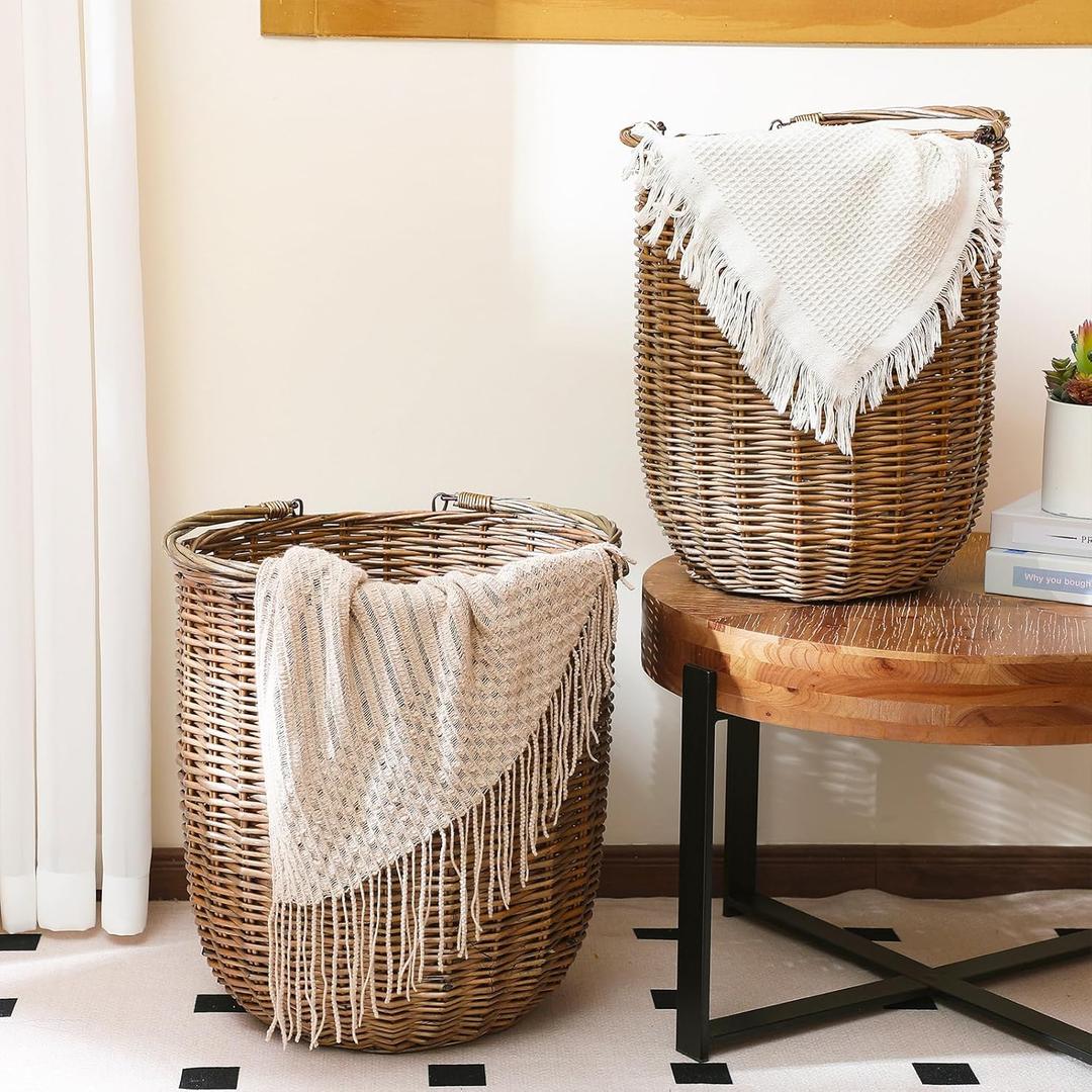 Boao Set of 2 Large Rattan Storage Basket - Round Handwoven Wicker Blanket Organization Baskets with Handles for Home Planter Decor, Laundry Hamper