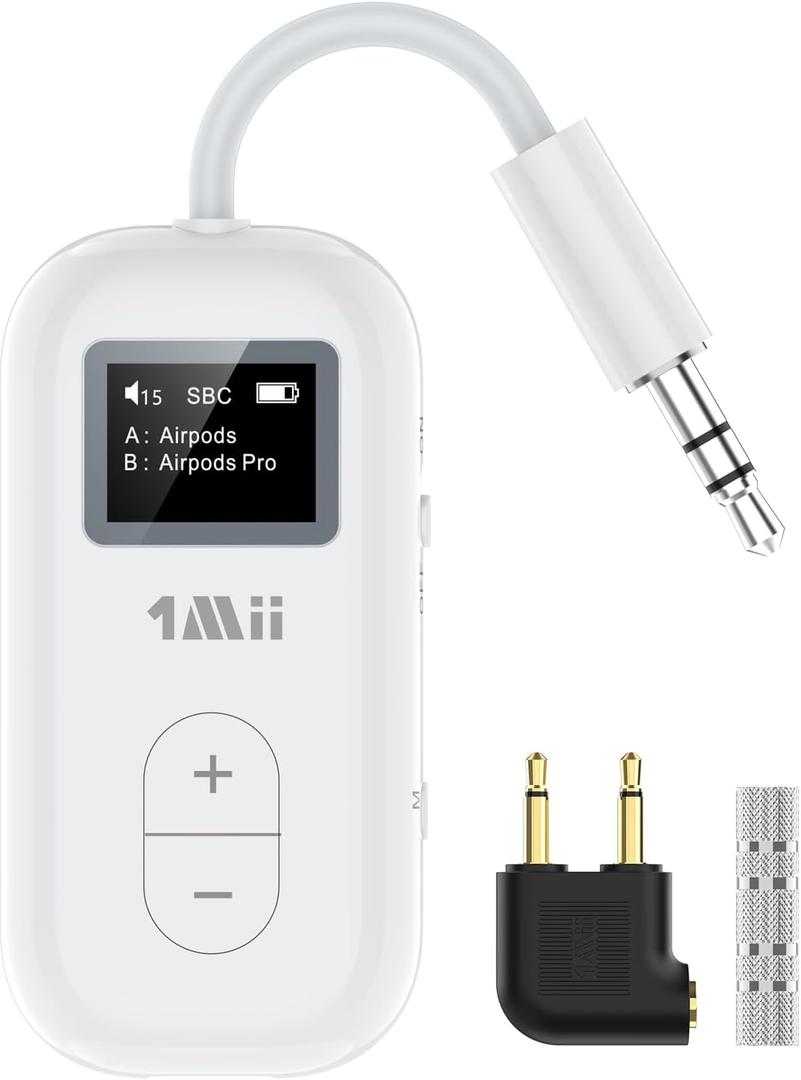 1Mii SafeFly Dual | Bluetooth 5.3 Adapter Bluetooth Transmitter w/Screen for Wireless Headphones, Wireless Audio Transmitter Use with 3.5 mm Audio Jack on Airplanes/Gym/TVs-Transmitter Only