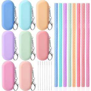 Meanplan Cruise Ship Essentials,8 Sets Silicone Straws with Case Reusable Foldable Portable Drinking Straw for Party Travel Cold or Hot with Carry Case and Cleaning Brushes 7 5/7 Inch(Light Color)
