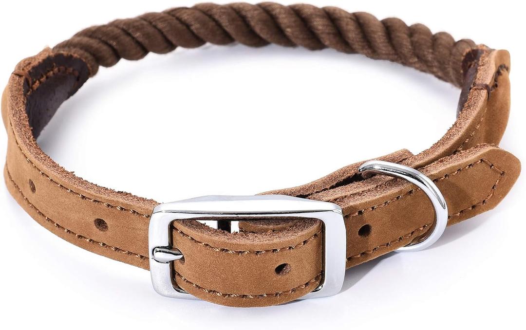 Mile High Life Rope Dog Collar | Durable Braided Cotton Rope Collars | Genuine Leather Collar w Metal Pin Buckle | Classic Puppy Collars for Dog (Dark Brown) (Small (Pack of 1), Dark Brown)
