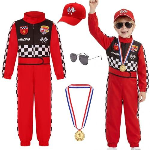 Simplecc Race Car Driver Costume for Boys Racer Jumpsuit with Car Cap for Halloween Dress Up(5-6 Years) Red