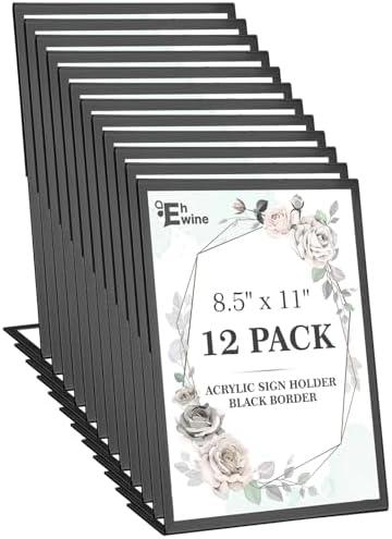 EHWINE 12 Pack Acrylic Sign Holder 8.5 x 11, Black Picture Frame Stand up Table Top Sign Holders, Slanted Back Paper Holder Clear Display Stand Menu Flyer Holder for Wedding Party