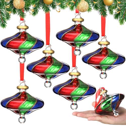 6 Pcs Blown Glass Christmas Ball Ornaments 3.8" Red Green and Blue Christmas Tree Decor Vintage Peppermint Candy Hanging Ornament Gift for Home Xmas Tree Handmade Craft Garland Wreath Holiday Decor
