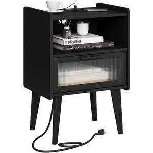 MMEOLUOOK Nightstand with Charging Station, Bedside Tables, End Table Side Table with 2 Tiers Storage Space, for Bedroom, Living Room, Black CAMLBZ07BE, 15 inches x 11.8 inches x 23.3 inches
