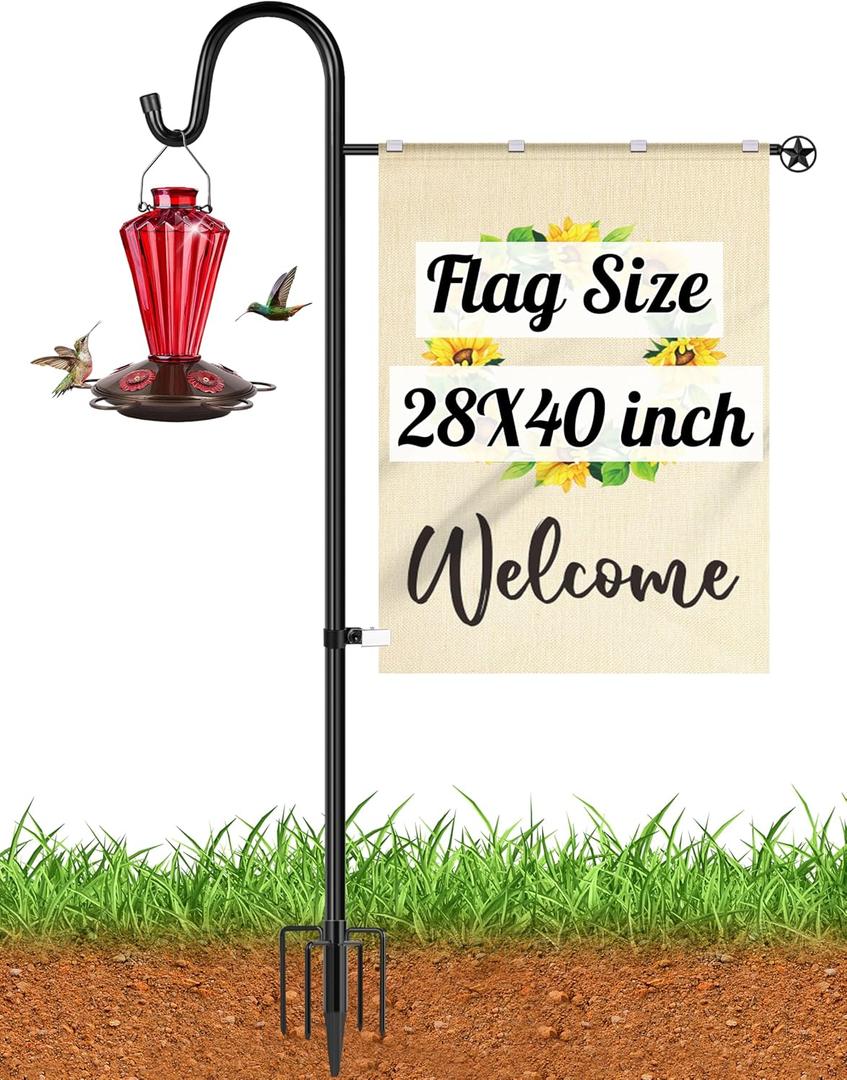 XDW-GIFTS Upgraded Garden Flag Holder Stand with Shepherd Hook for 28'' x 40'' Flags 60 In Heavy Duty Yard Flag Post Stake with 2 Spring Stoppers and 1 Clip for Outside (Without Solar Lights & Flag)