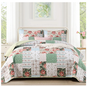 Anibedding 3 Pieces Green Patchwork Quilt Set Queen Size, Bohemian Red Flower Green Plaid Bedspread Coverlet Set with Pillowcases, Soft Microfiber Summer Quilt Bed Cover for All Season (96''x90'')