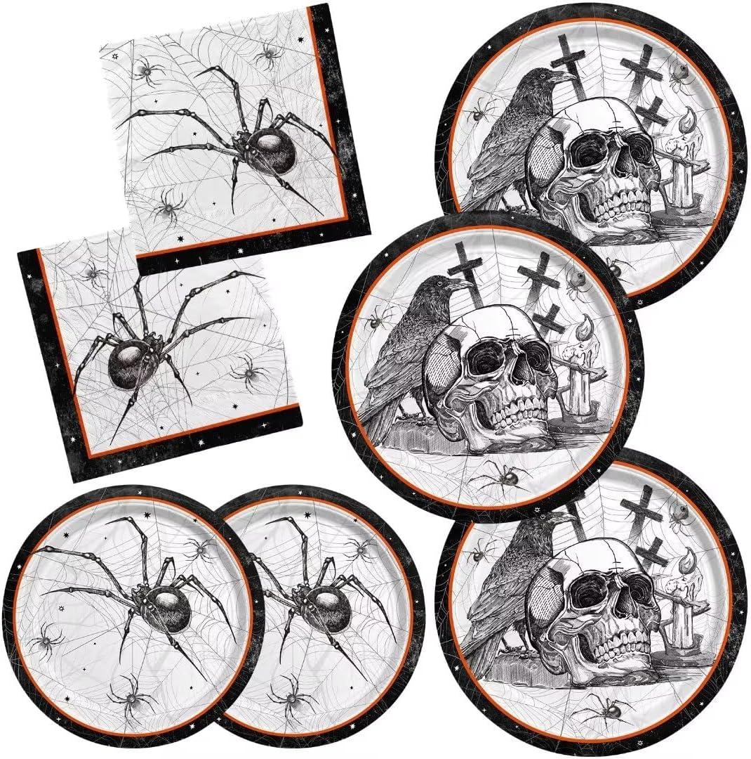 Spider Webs Halloween Party Supplies - Featuring Skull & Spider Themes, All-inclusive Wicked Web Paper Plates and Napkins. Ideal for Halloween Party Decorations, Serve 50 Guests.