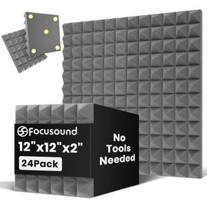 Focusound Grey Acoustic Panels 24 Pack 2"x12"x12" with 120 PCS Double-Side Adhesive - Sound Proof Pyramid Foam for Walls, Home Studio Noise Absorption & Echo Control Kit