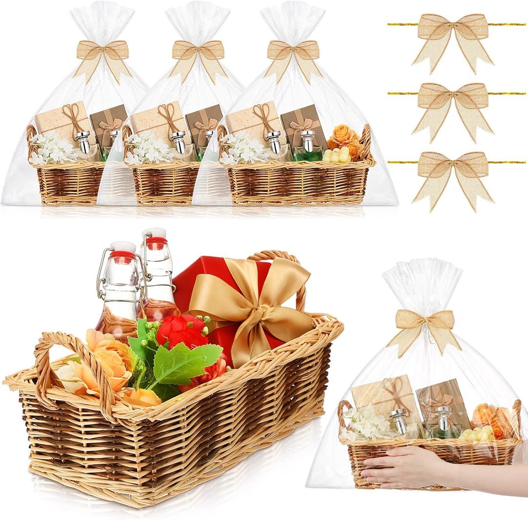 3 Sets Baskets for Gifts Empty Wicker Baskets with Gift Bags and DIY Bow Rectangular Woven Stackable 14 x 7.24 x 4" Goodies Basket with Handle for Easter Weddings Party Supplies