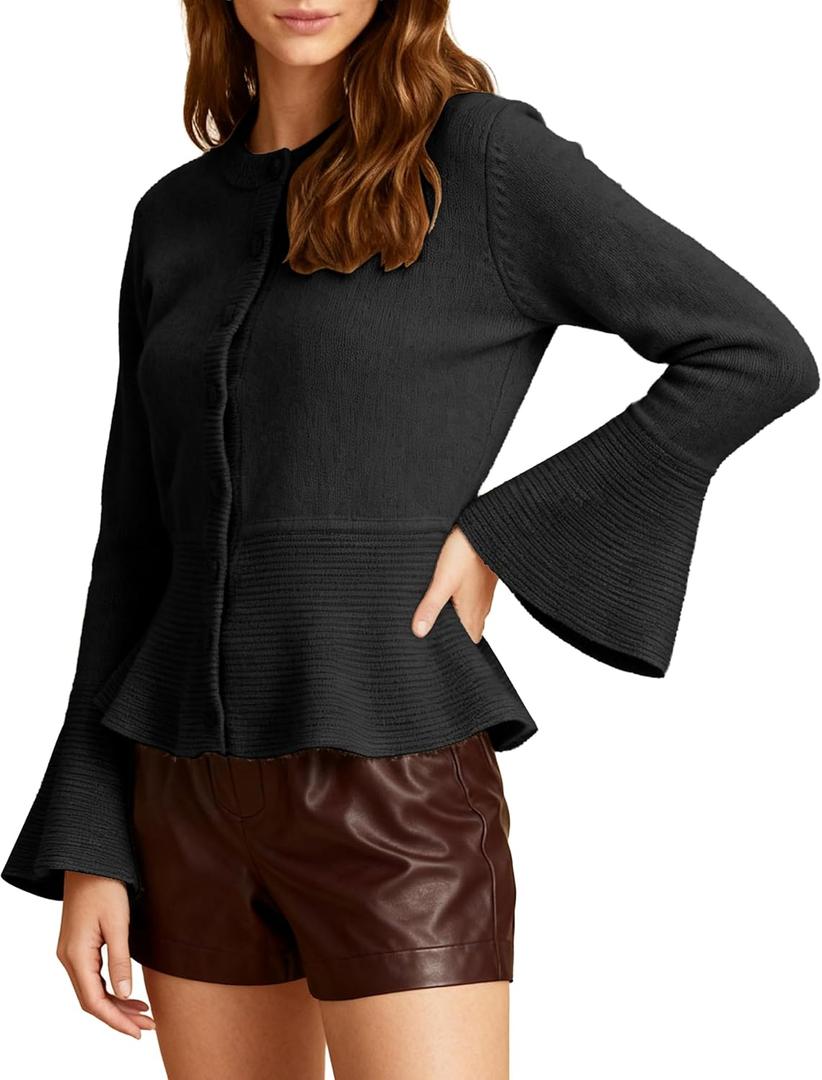 Women's Cardigans Peplum Button Up Sweaters Long Bell Sleeve 2025 Knitted Outwear Coat (Medium, Black)
