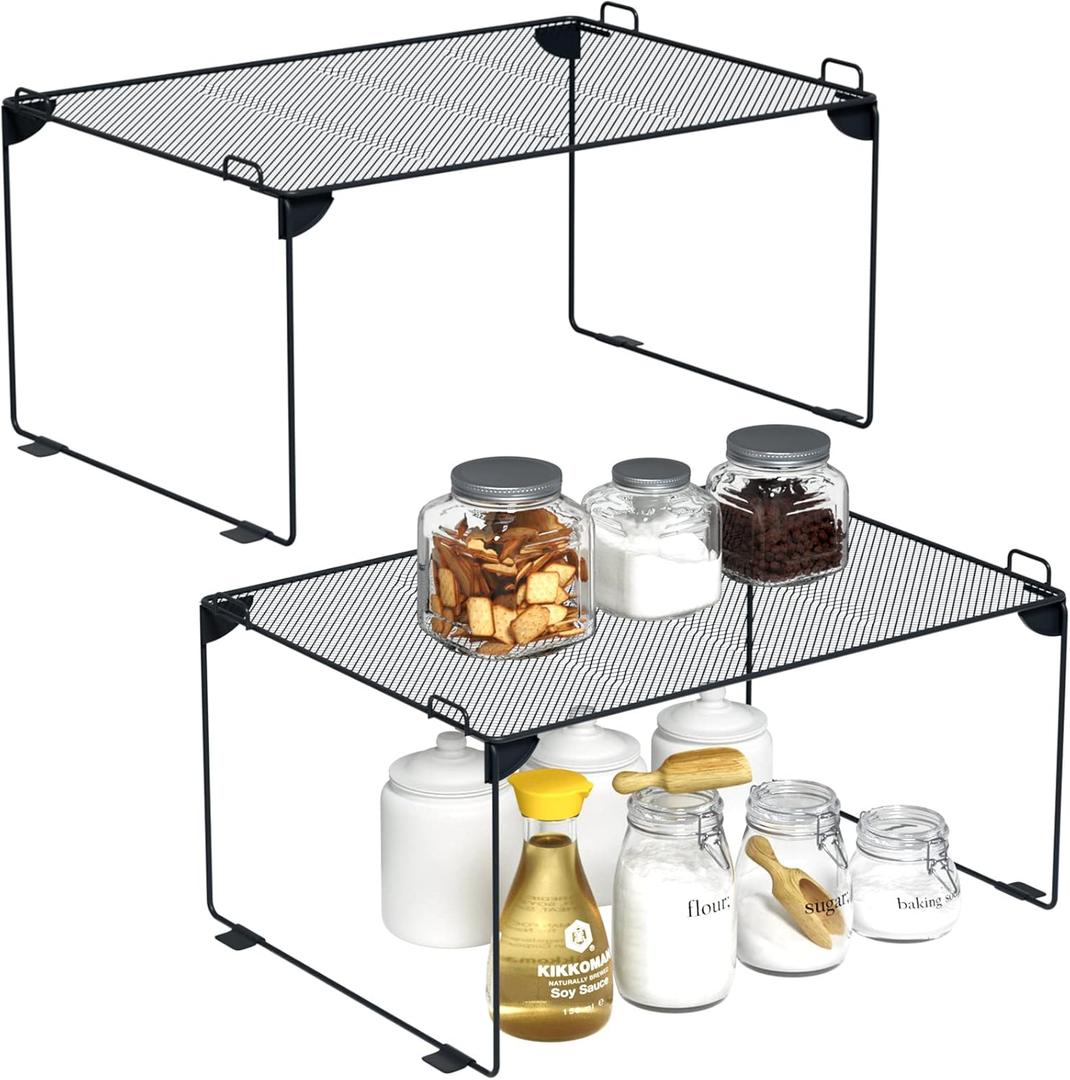Neudeco Stackable Cabinet Shelf Organizer - 2 Pack Metal Mesh Stacking Shelves for Kitchen, Closet, Bathroom, Countertop and Cabinet -Gray Neudeco Stackable Cabinet Shelf Organizer - 2 Pack Metal Mesh Stacking Shelves for Kitchen, Closet, Bathroom, Countertop and Cabinet -Gray